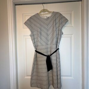 Ann Taylor Gray and White Textured Cap-Sleeve Midi Dress with Black Waist Tie